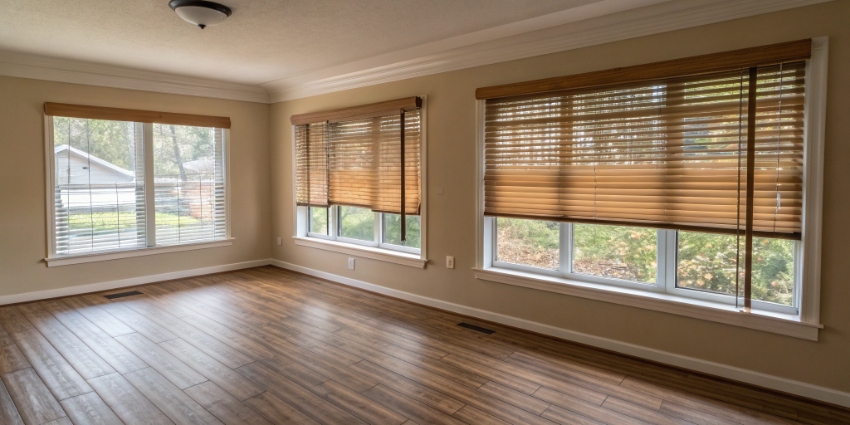 Сочетание плитки и ламината с декором окон в современном интерьере