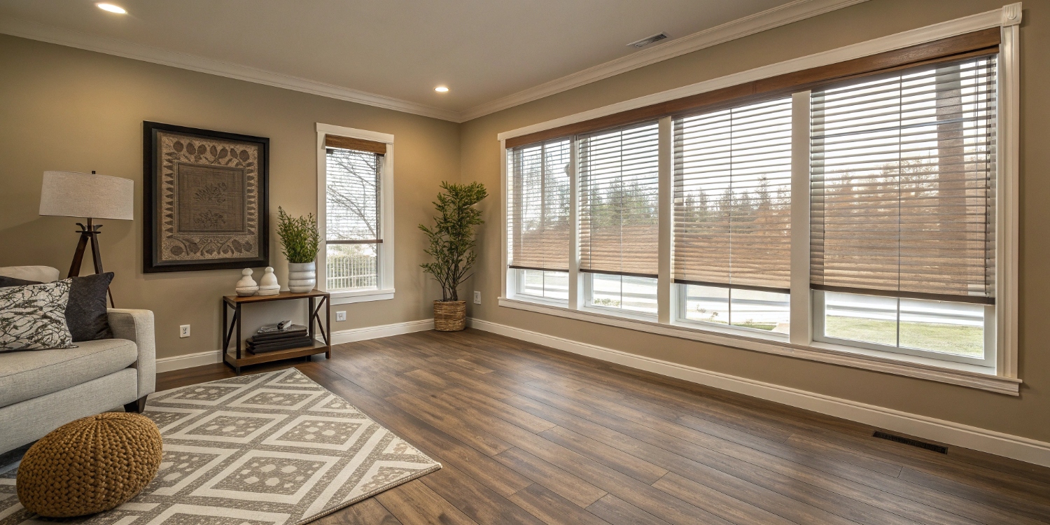 Сочетание плитки и ламината с декором окон в современном интерьере