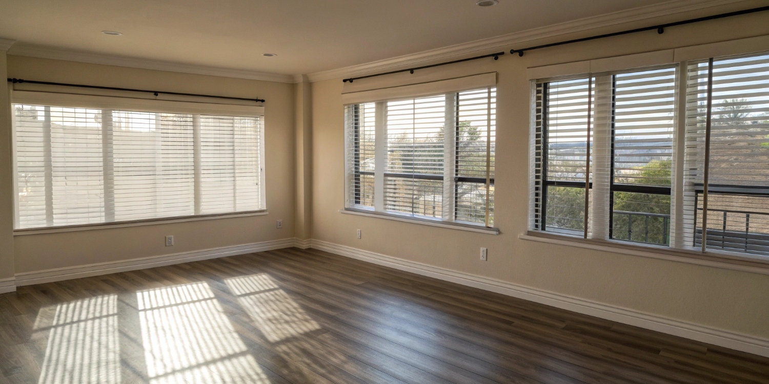 Сочетание плитки и ламината с декором окон в современном интерьере