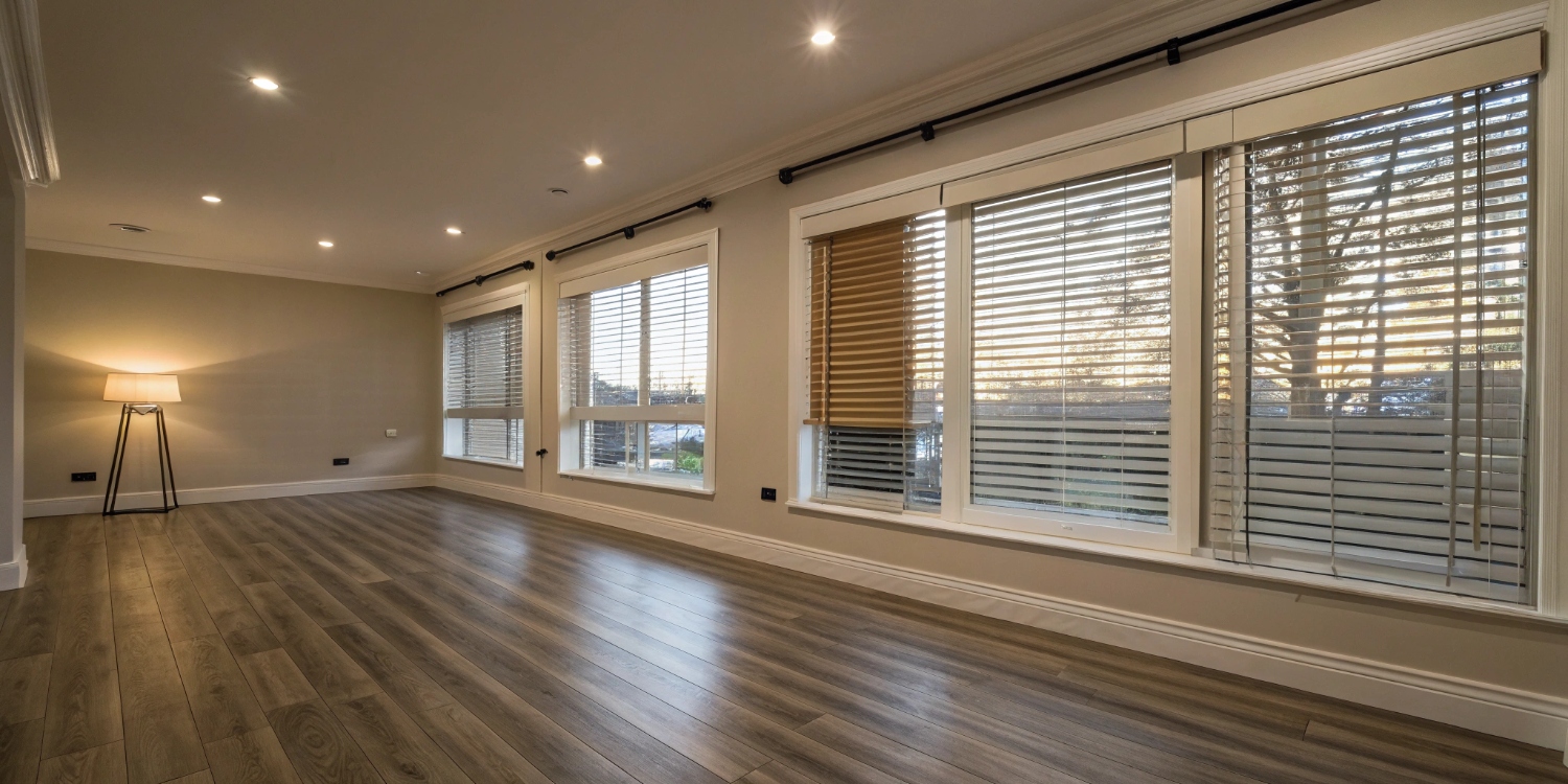 Сочетание плитки и ламината с декором окон в современном интерьере