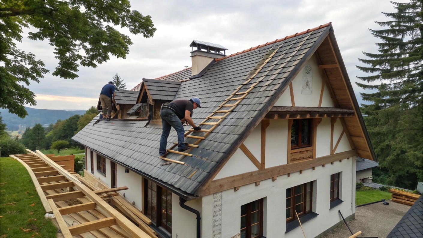 Пример укладки шиферной кровли на скатной крыше частного дома, показывающий волнистую структуру листов и крепежные элементы.