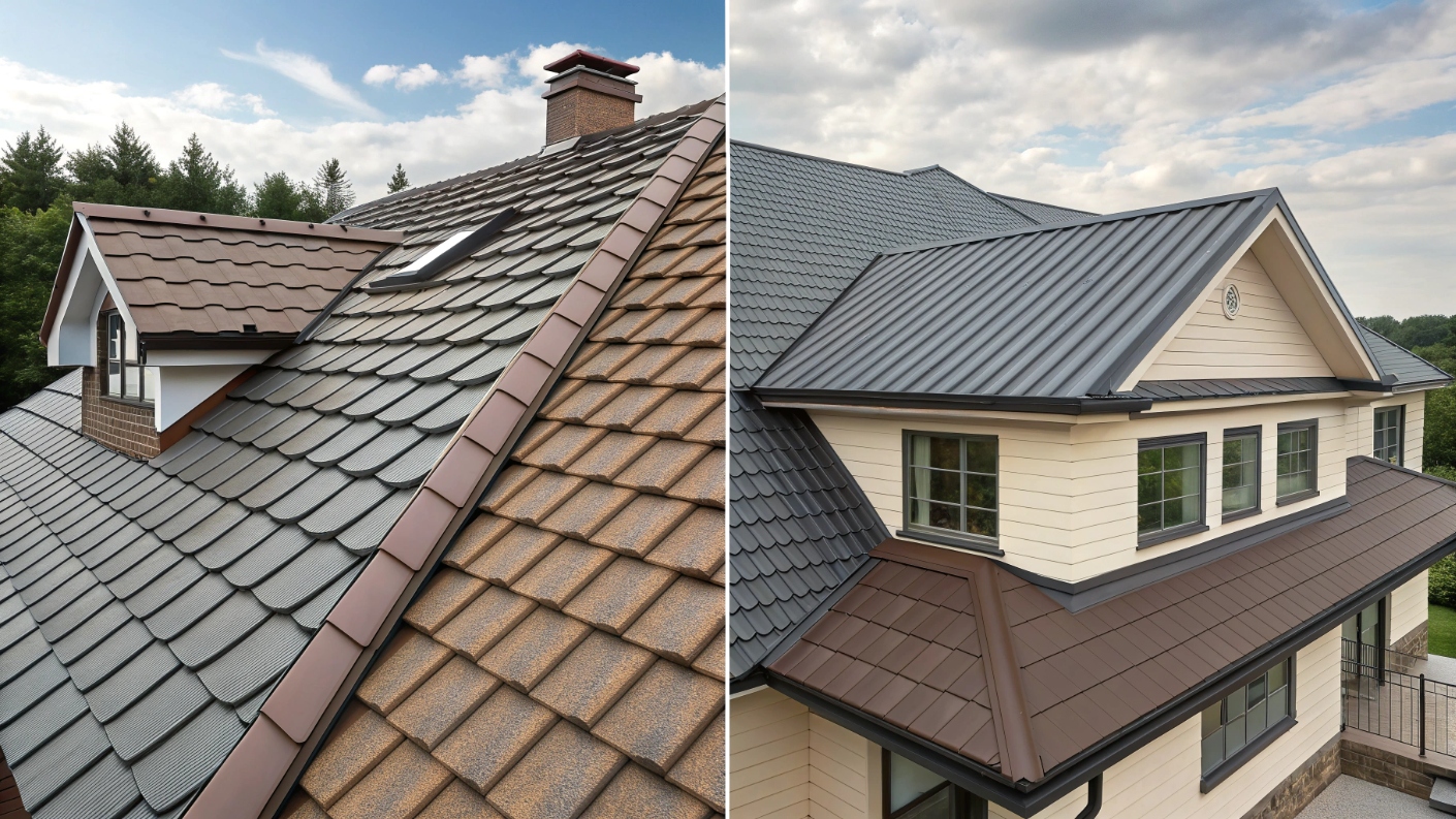 Визуальное сравнение крыш частных домов, покрытых шифером и металлочерепицей, подчеркивающее различия в текстуре и цвете
