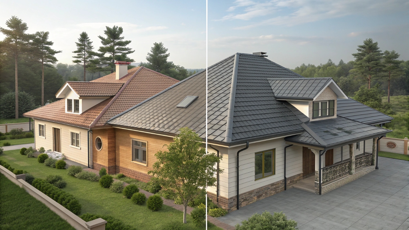 Процесс монтажа металлочерепицы на скатной крыше, иллюстрирующий профилированные листы и систему крепежа для надежной фиксации