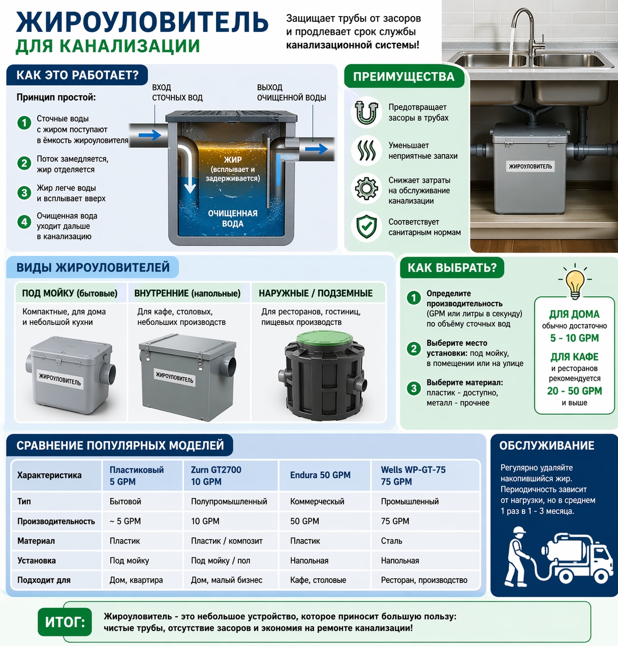 Жироуловитель для канализации: принцип работы, типы и критерии выбора