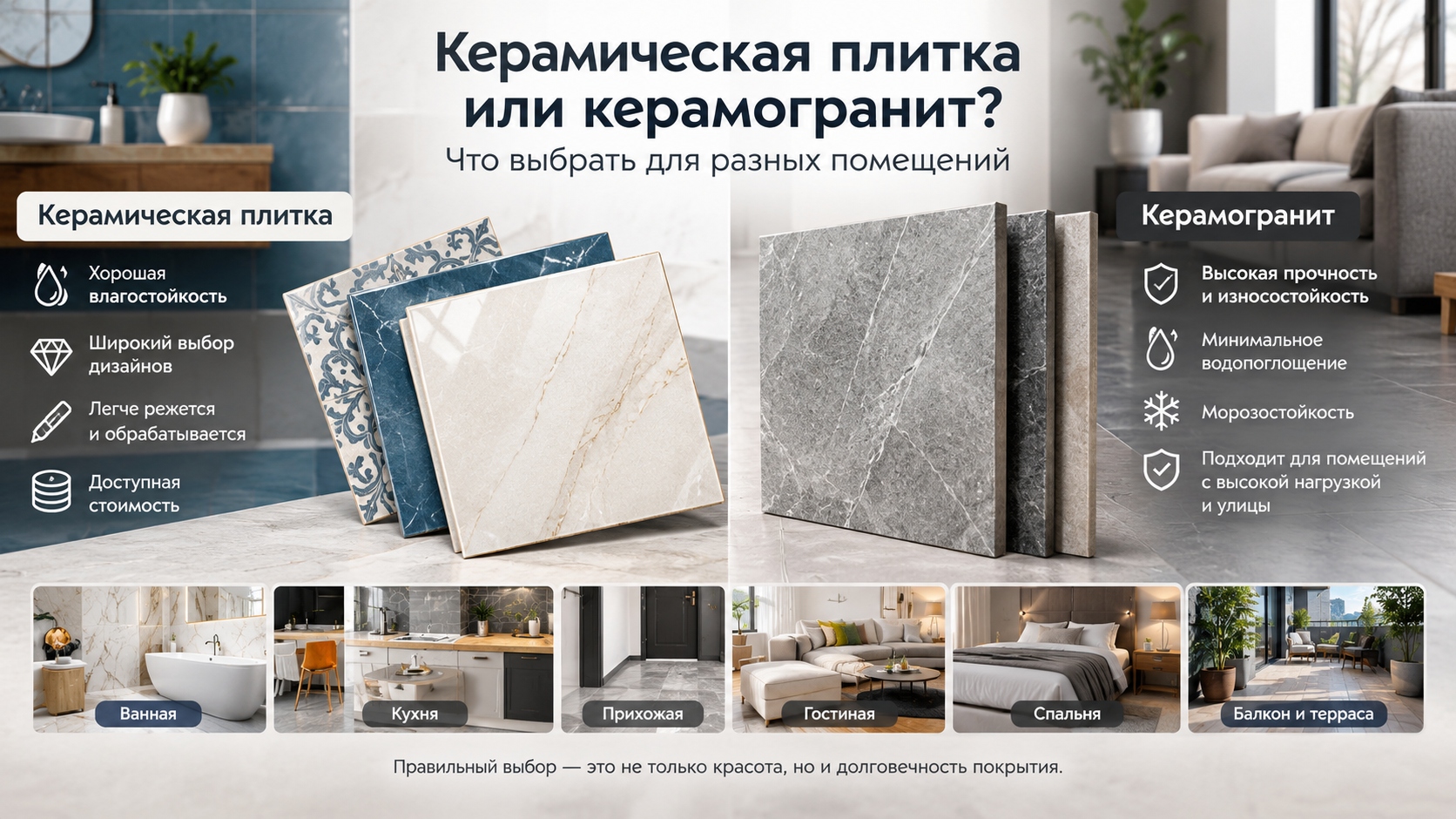 Керамическая плитка или керамогранит: что выбрать для разных помещений