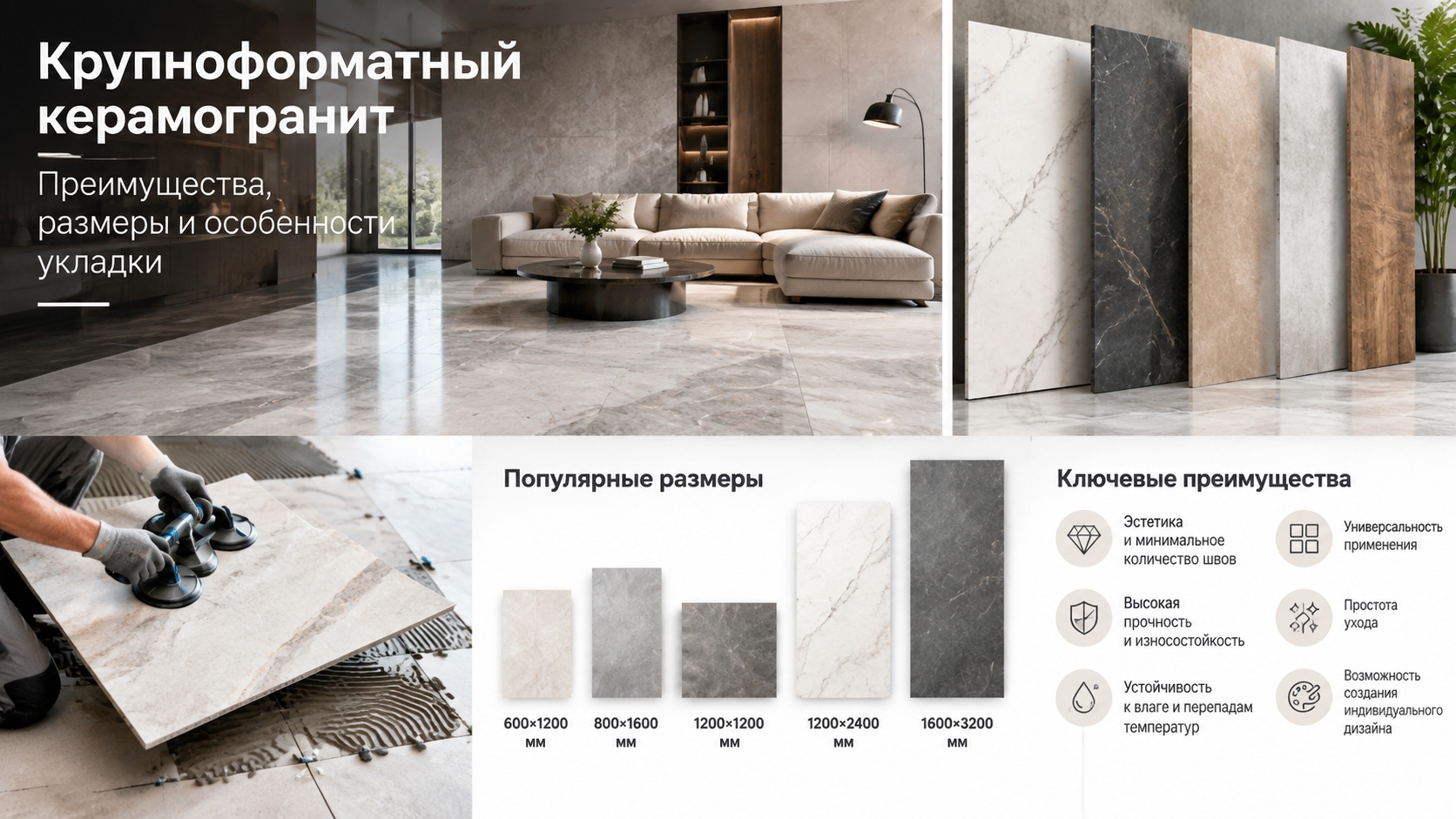 Крупноформатный керамогранит: преимущества, размеры и особенности укладки