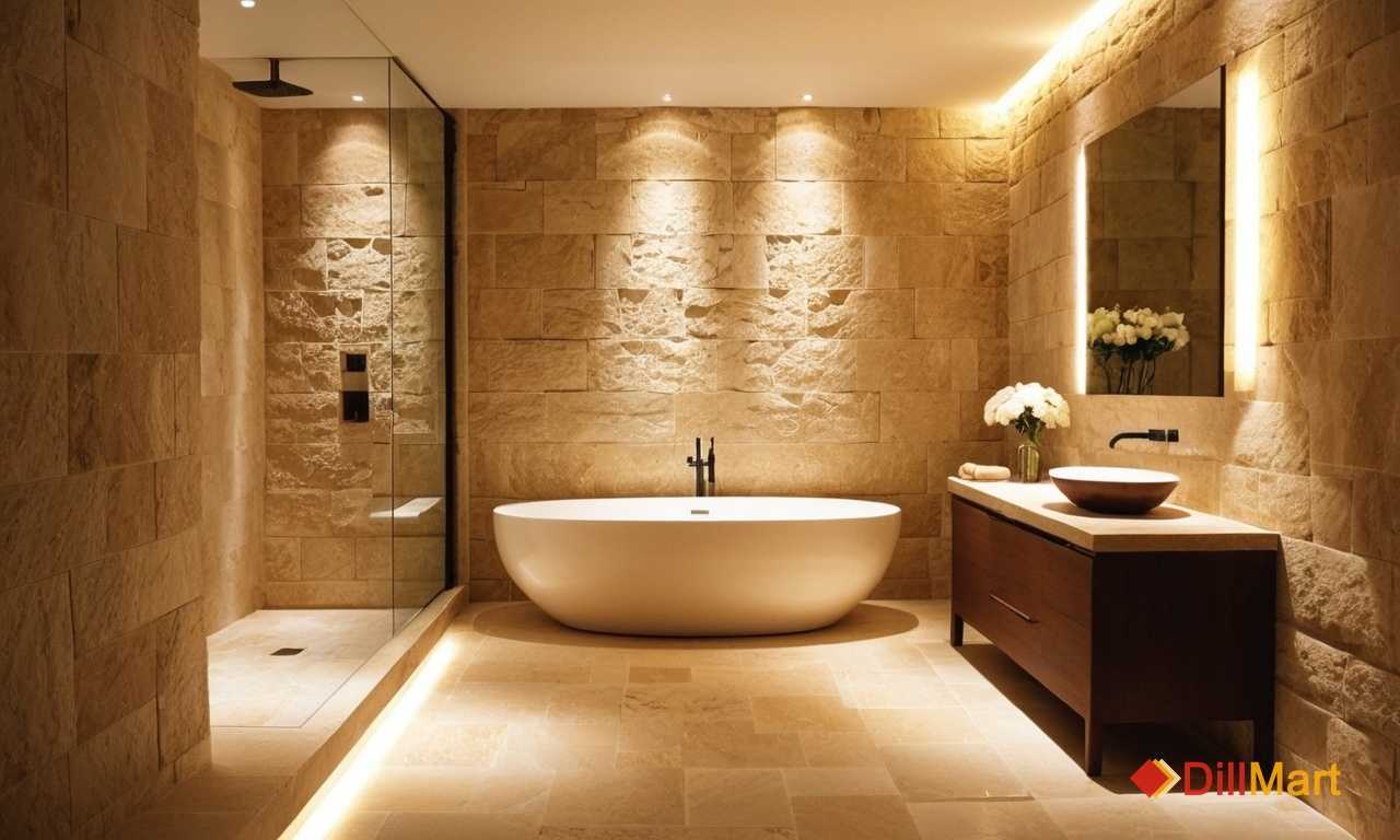 Сочетание плитки под камень и других материалов в ванной